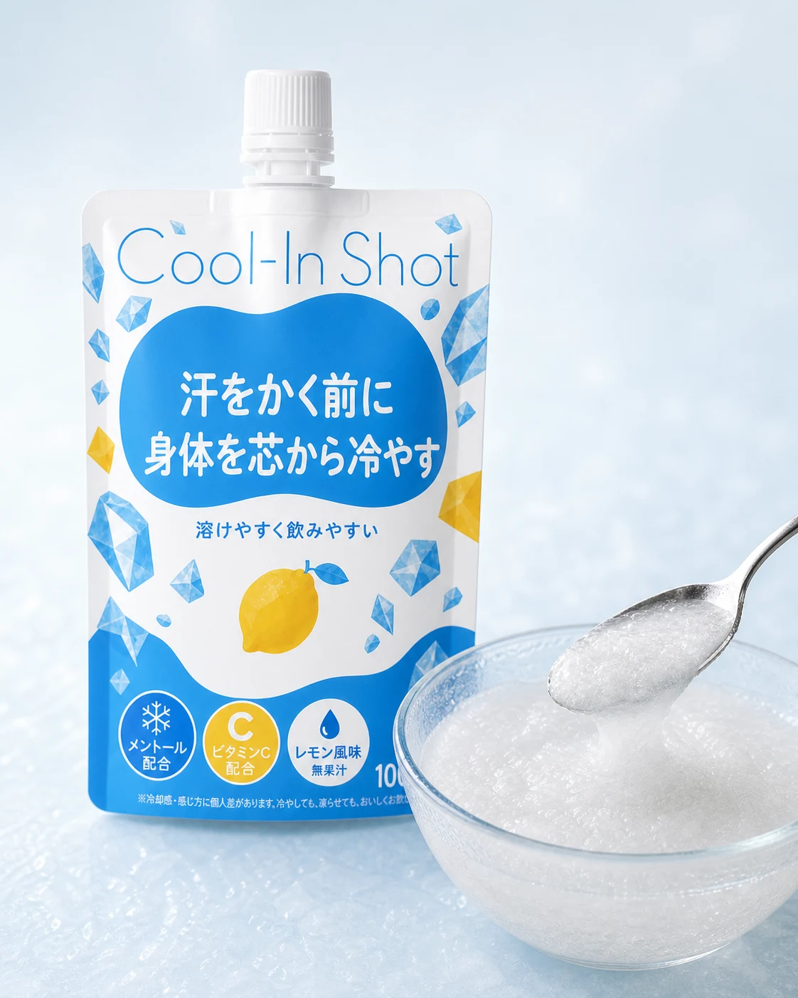 Cool-In Shotの商品パッケージと、スプーンですくったアイススラリー